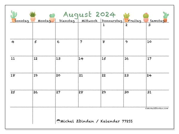 Kalender August 2024 “772”. Programm zum Ausdrucken kostenlos.. Sonntag bis Samstag