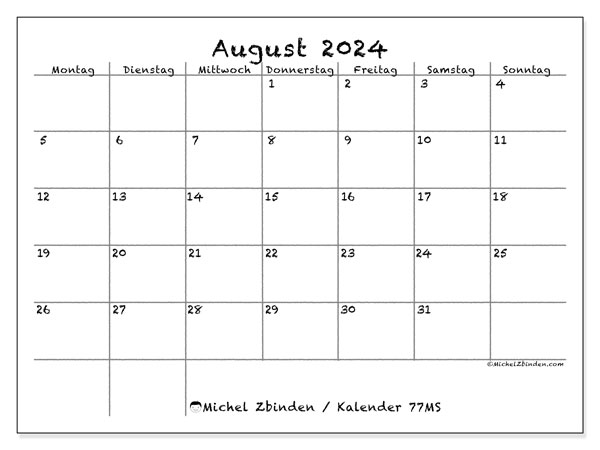Kalender August 2024, 77MS. Programm zum Ausdrucken kostenlos.