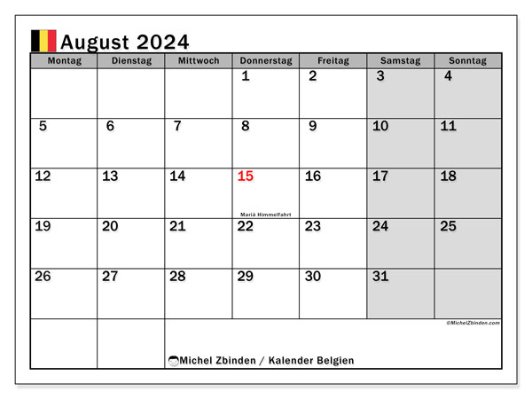Kalender August 2024 “Belgien”. Kalender zum Ausdrucken kostenlos.. Montag bis Sonntag
