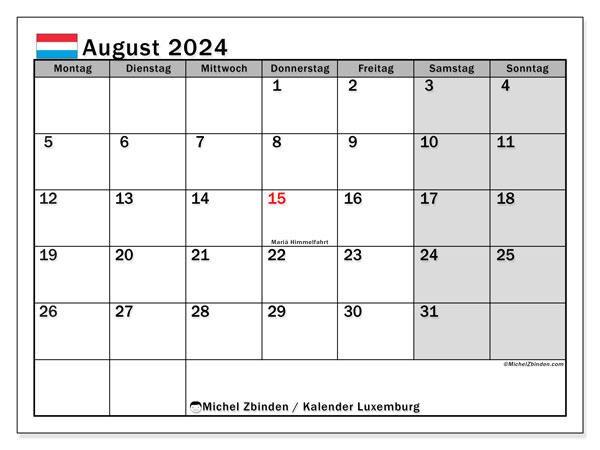 Kalender august 2024, Luxembourg (DE). Gratis plan til print.