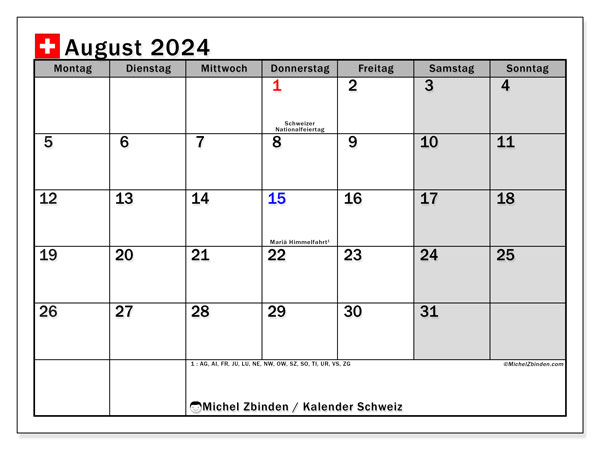 Kalender zum Ausdrucken, August 2024, Schweiz