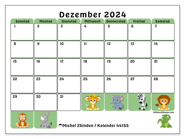 Kalender Dezember 2024 “441”. Programm zum Ausdrucken kostenlos.. Sonntag bis Samstag