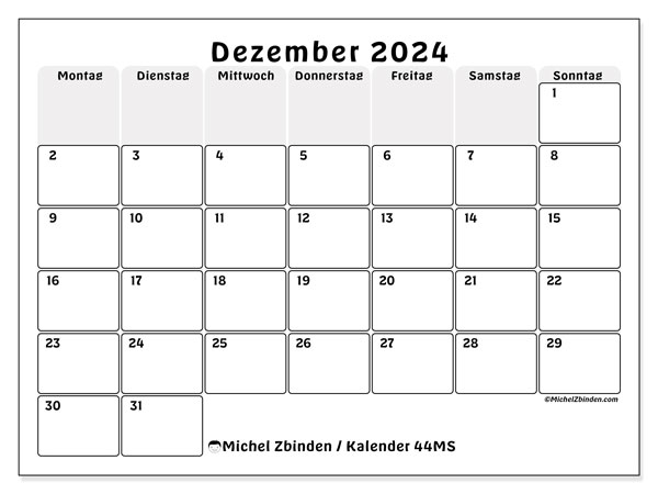 Kalender Dezember 2024, 44MS. Programm zum Ausdrucken kostenlos.