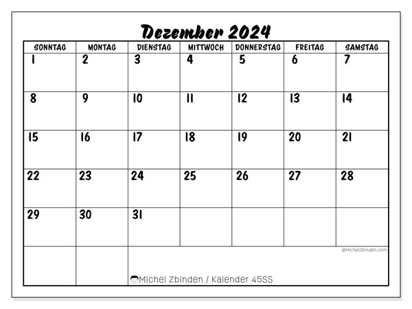 Kalender Dezember 2024 “45”. Programm zum Ausdrucken kostenlos.. Sonntag bis Samstag