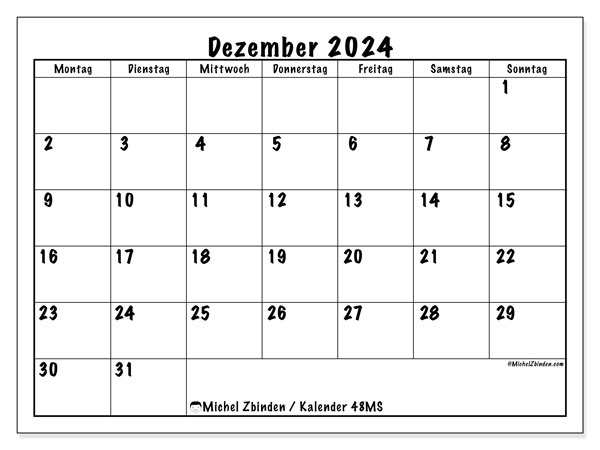 Kalender Dezember 2024 “48”. Plan zum Ausdrucken kostenlos.. Montag bis Sonntag