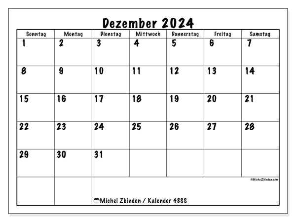 Kalender Dezember 2024 “48”. Plan zum Ausdrucken kostenlos.. Sonntag bis Samstag