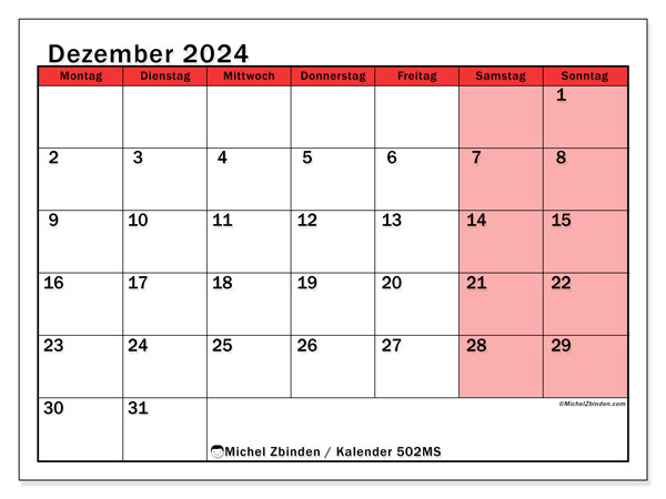 Kalender Dezember 2024 “502”. Programm zum Ausdrucken kostenlos.. Montag bis Sonntag