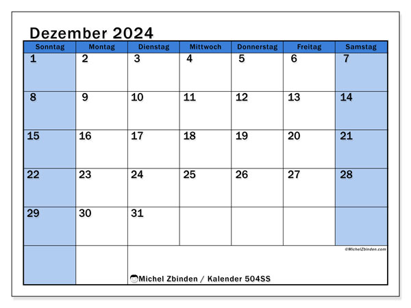 Kalender Dezember 2024 “504”. Kalender zum Ausdrucken kostenlos.. Sonntag bis Samstag
