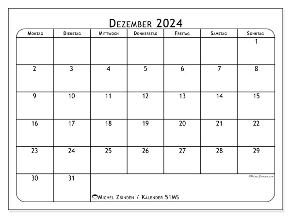 Kalender Dezember 2024 “51”. Kalender zum Ausdrucken kostenlos.. Montag bis Sonntag
