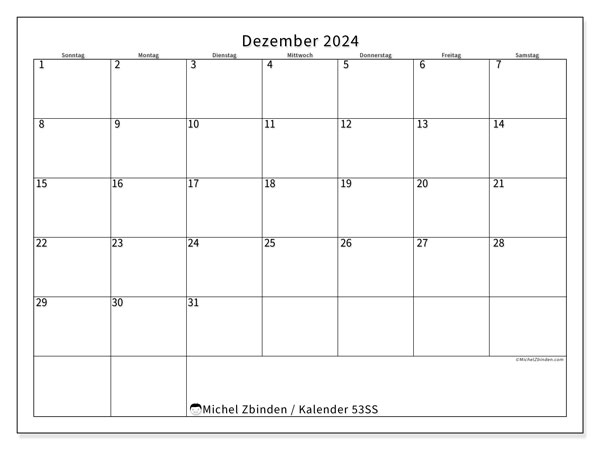 Kalender Dezember 2024 “53”. Kalender zum Ausdrucken kostenlos.. Sonntag bis Samstag