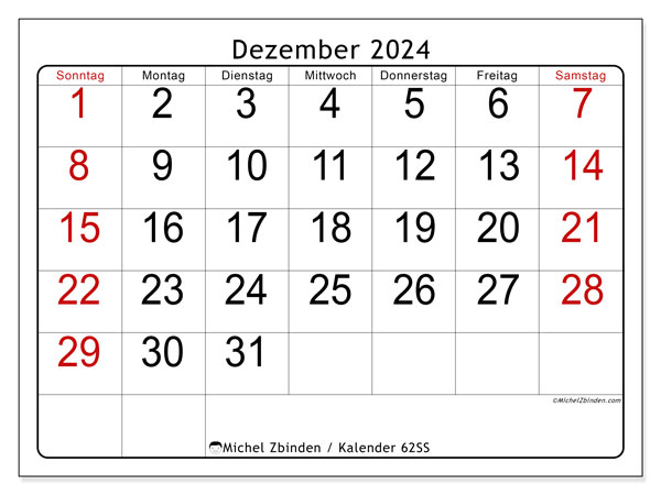 Kalender Dezember 2024 “62”. Plan zum Ausdrucken kostenlos.. Sonntag bis Samstag