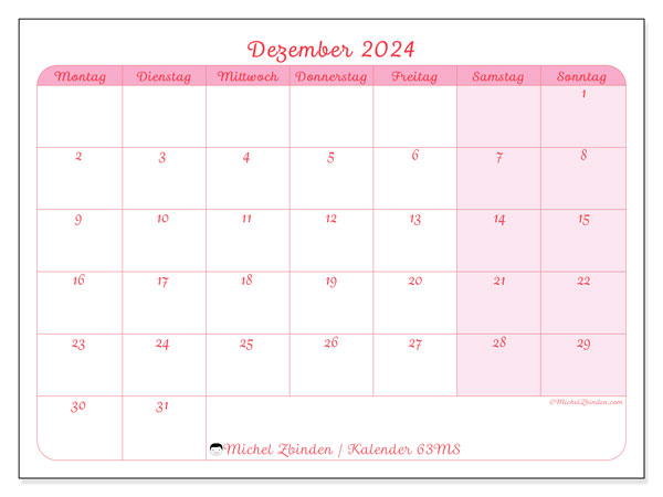 Kalender Dezember 2024 “63”. Plan zum Ausdrucken kostenlos.. Montag bis Sonntag