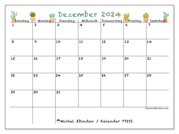Kalender Dezember 2024 “772”. Programm zum Ausdrucken kostenlos.. Sonntag bis Samstag
