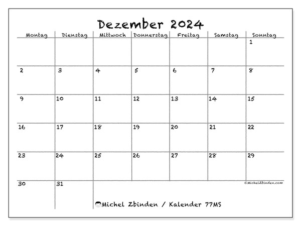 Kalender Dezember 2024 “77”. Plan zum Ausdrucken kostenlos.. Montag bis Sonntag