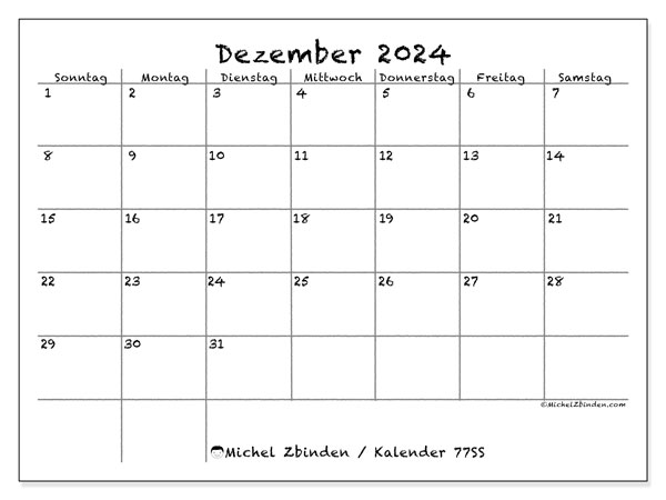 Kalender Dezember 2024 “77”. Plan zum Ausdrucken kostenlos.. Sonntag bis Samstag