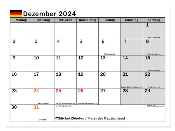 Kalendarz grudzień 2024, Niemcy (DE). Darmowy program do druku.