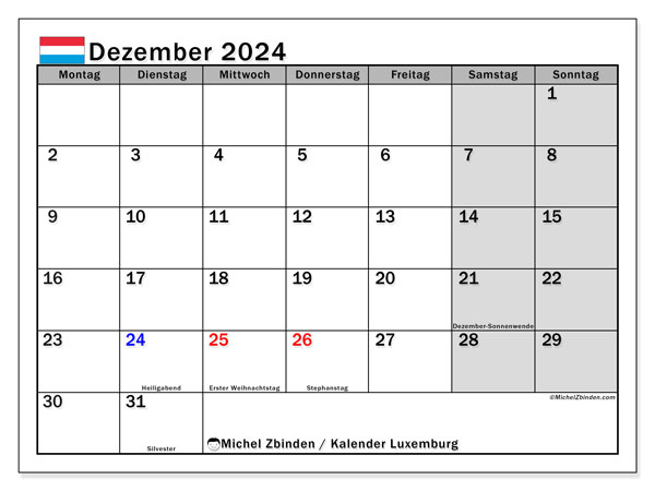 Kalender Dezember 2024 “Luxemburg”. Plan zum Ausdrucken kostenlos.. Montag bis Sonntag