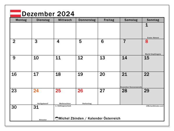 Kalenteri joulukuu 2024, Itävalta (DE). Ilmainen tulostettava kartta.