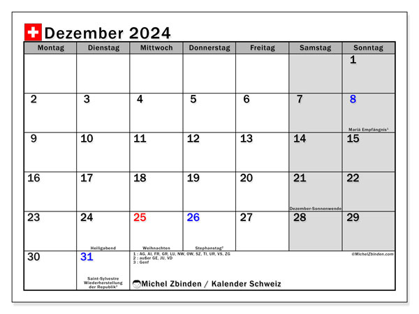 Kalender Dezember 2024 “Schweiz”. Kalender zum Ausdrucken kostenlos.. Montag bis Sonntag