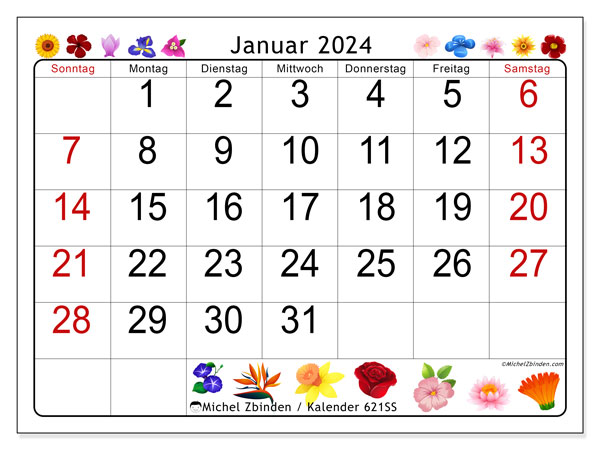 Kalender zum Ausdrucken, Januar 2024, 621SS