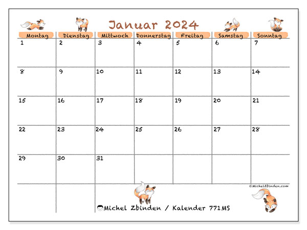 Kalender zum Ausdrucken, Januar 2024, 771MS