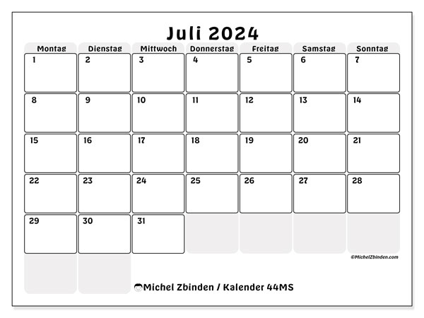 Kalender Juli 2024 “44”. Kalender zum Ausdrucken kostenlos.. Montag bis Sonntag