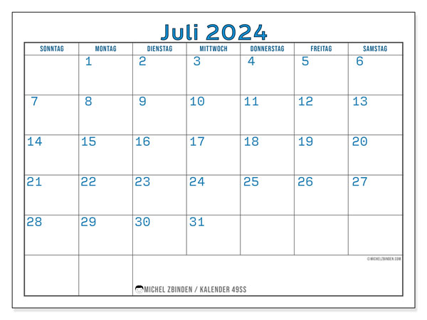Kalender Juli 2024 “49”. Programm zum Ausdrucken kostenlos.. Sonntag bis Samstag