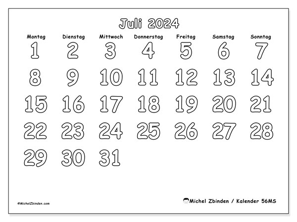 Kalender Juli 2024 “56”. Programm zum Ausdrucken kostenlos.. Montag bis Sonntag