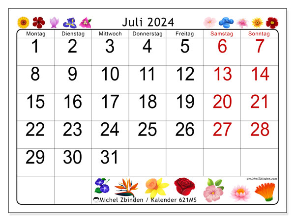 Kalender Juli 2024, 621MS. Programm zum Ausdrucken kostenlos.