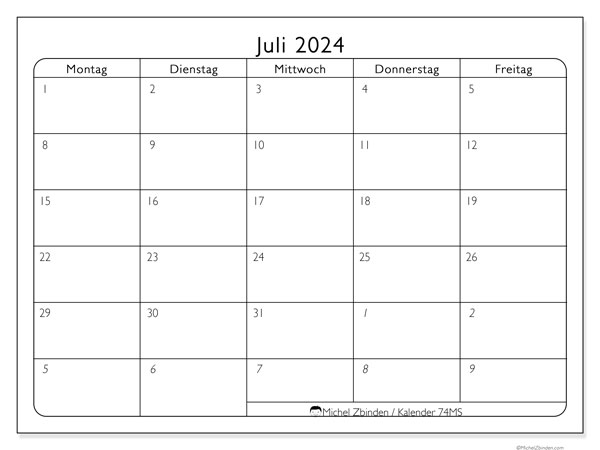 Kalender Juli 2024, 74MS. Programm zum Ausdrucken kostenlos.