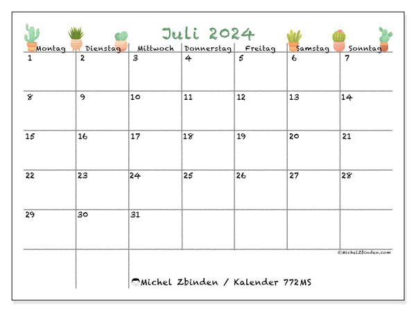 Kalender Juli 2024 “772”. Plan zum Ausdrucken kostenlos.. Montag bis Sonntag