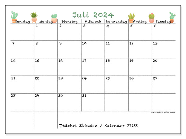 Kalender Juli 2024 “772”. Plan zum Ausdrucken kostenlos.. Sonntag bis Samstag