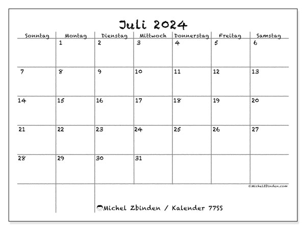 Kalender Juli 2024 “77”. Plan zum Ausdrucken kostenlos.. Sonntag bis Samstag
