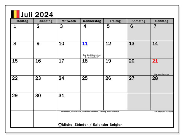 Kalender Juli 2024 “Belgien”. Kalender zum Ausdrucken kostenlos.. Montag bis Sonntag