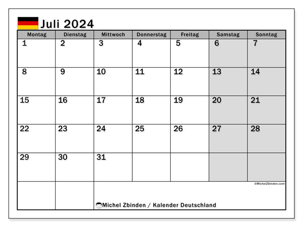 Kalenteri heinäkuu 2024, Saksa (DE). Ilmainen tulostettava aikataulu.