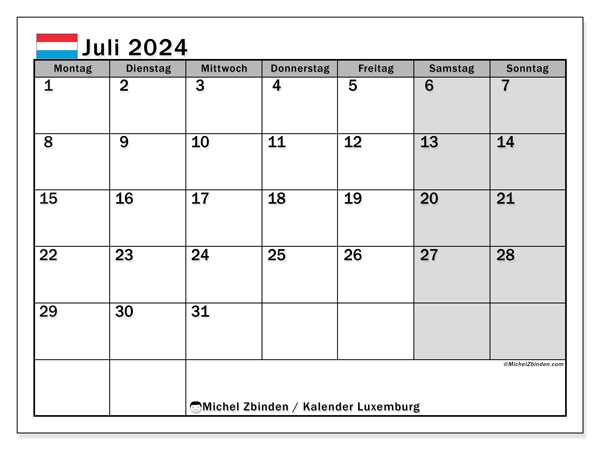 Kalendarz lipiec 2024, Luksemburg (DE). Darmowy program do druku.