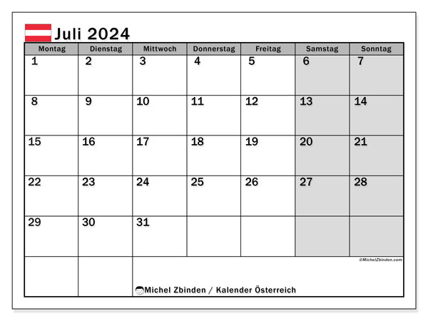 Kalender Juli 2024, Osterreich, druckfertig und kostenlos.