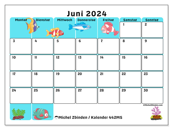 Kalender Juni 2024 “442”. Kalender zum Ausdrucken kostenlos.. Montag bis Sonntag