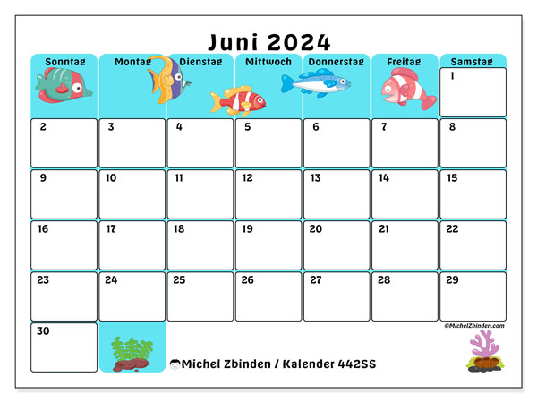Kalender Juni 2024 “442”. Kalender zum Ausdrucken kostenlos.. Sonntag bis Samstag