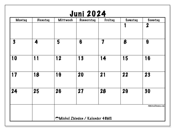 Kalender Juni 2024 “48”. Plan zum Ausdrucken kostenlos.. Montag bis Sonntag