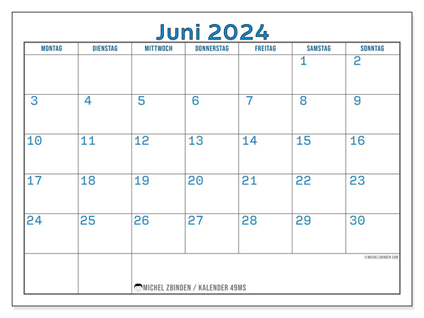Kalender Juni 2024 “49”. Programm zum Ausdrucken kostenlos.. Montag bis Sonntag