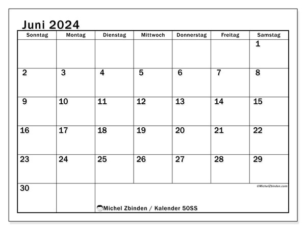 Kalender Juni 2024 “50”. Programm zum Ausdrucken kostenlos.. Sonntag bis Samstag
