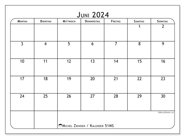 Kalender Juni 2024, 51MS, druckfertig und kostenlos.