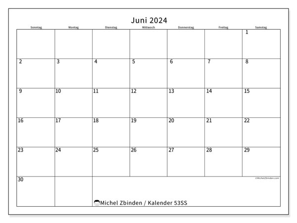 Kalender Juni 2024, 53SS, druckfertig und kostenlos.