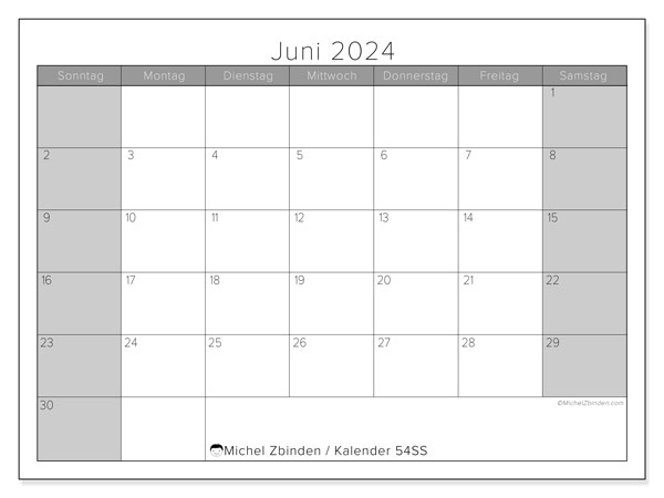Kalender Juni 2024 “54”. Kalender zum Ausdrucken kostenlos.. Sonntag bis Samstag