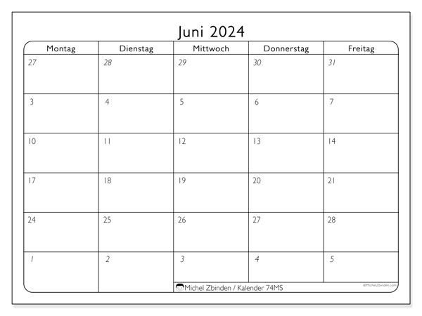 Kalender Juni 2024 “74”. Kalender zum Ausdrucken kostenlos.. Montag bis Freitag