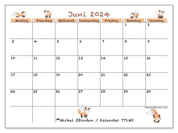 Kalender Juni 2024, 771MS. Programm zum Ausdrucken kostenlos.