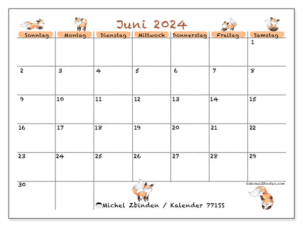 Kalender Juni 2024 “771”. Programm zum Ausdrucken kostenlos.. Sonntag bis Samstag