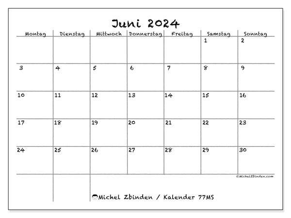 Kalender Juni 2024 “77”. Kalender zum Ausdrucken kostenlos.. Montag bis Sonntag