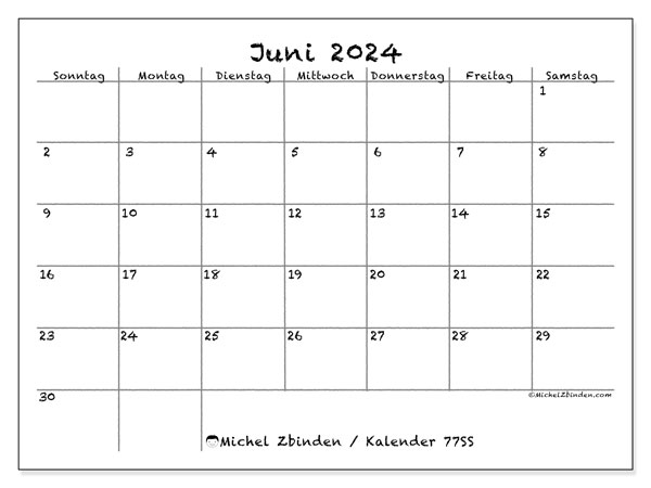 Kalender Juni 2024 “77”. Kalender zum Ausdrucken kostenlos.. Sonntag bis Samstag